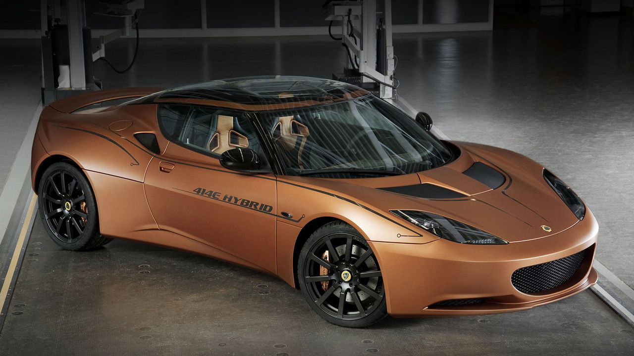 Front quarter view of the Lotus Evora 414E in a factory